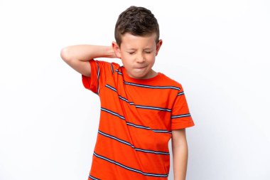 Little boy isolated on white background with neckache
