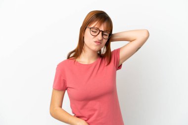 Redhead girl isolated on white background with neckache
