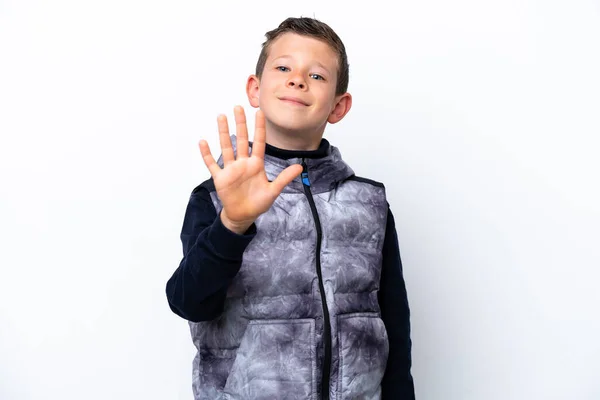 Little Boy Isolated White Background Counting Five Fingers —  Fotos de Stock