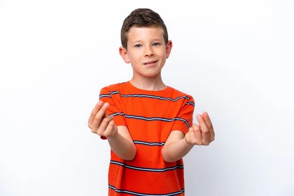 Little Boy Isolated White Background Making Money Gesture — Stock Photo, Image