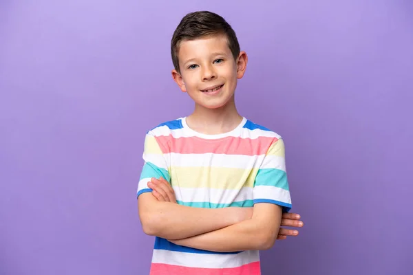 Little Boy Isolated Purple Background Keeping Arms Crossed Frontal Position — Photo