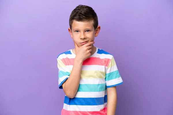 Little Boy Isolated Purple Background Thinking — Photo