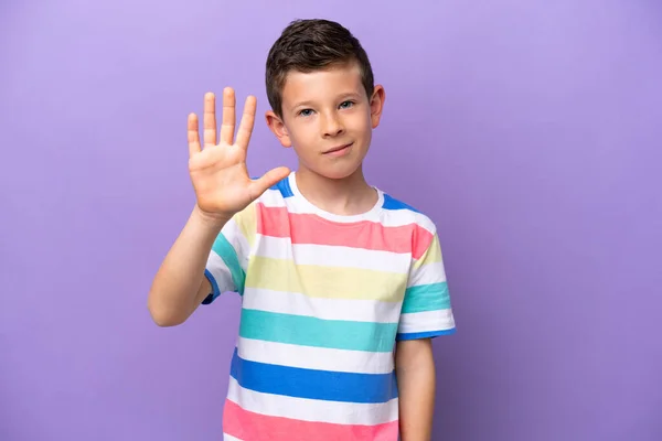 Little Boy Isolated Purple Background Counting Five Fingers — 图库照片