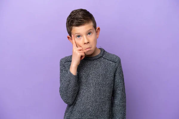 Little Boy Isolated Purple Background Thinking Idea — Stock fotografie