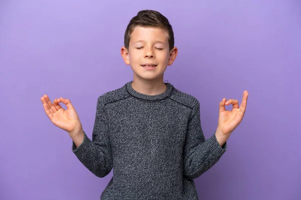 Little Boy Isolated Purple Background Zen Pose — Foto Stock