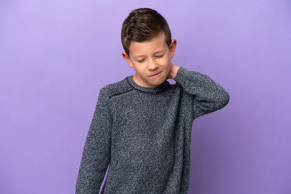 Little Boy Isolated Purple Background Neckache —  Fotos de Stock