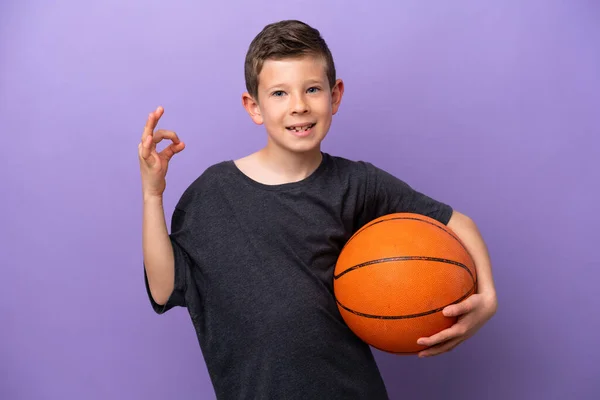 Little Boy Playing Basketball Isolated Purple Background Showing Sign Fingers — Foto de Stock