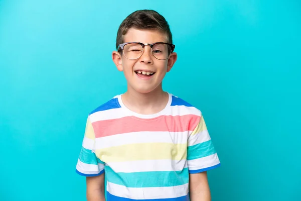 Little Boy Isolated Blue Background Glasses Happy Expression — Stockfoto