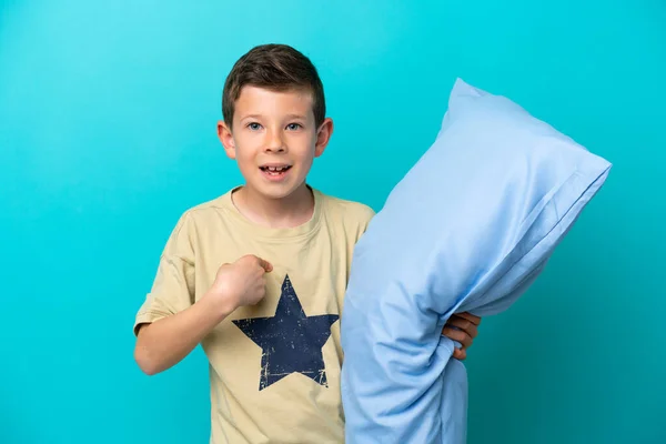 Little Boy Pajamas Isolated Blue Background Surprise Facial Expression — Photo
