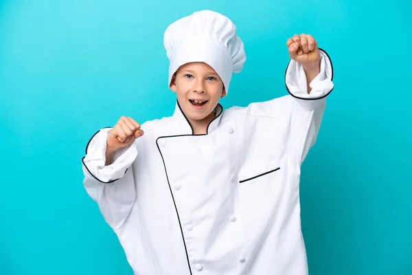 Little Chef Boy Isolated Blue Background Celebrating Victory — Foto Stock