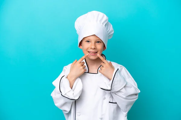 Piccolo Chef Ragazzo Isolato Sfondo Blu Dando Pollice Gesto — Foto Stock