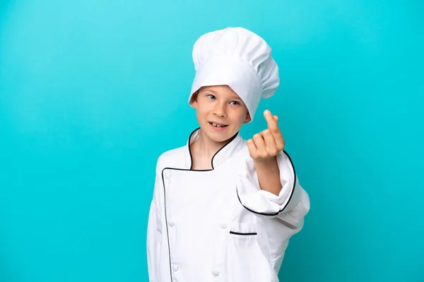 Piccolo Chef Ragazzo Isolato Sfondo Blu Fare Soldi Gesto — Foto Stock