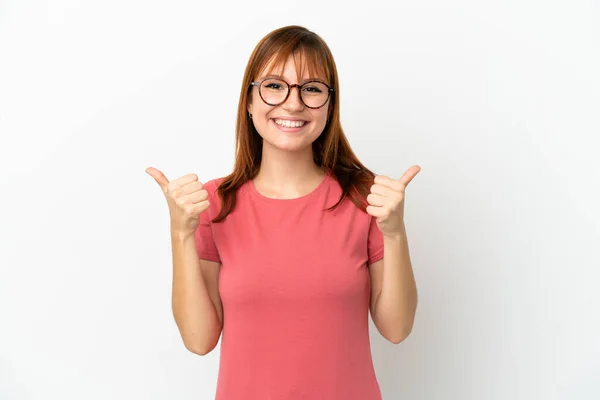 Redhead Girl Isolated White Background Thumbs Gesture Smiling — Stock Fotó