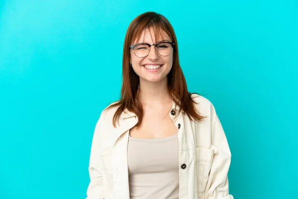 Redhead Girl Isolated Blue Background Glasses Happy Expression —  Fotos de Stock