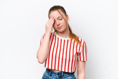 Young caucasian girl isolated on white background with headache