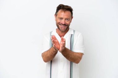 Middle age caucasian man isolated on white background applauding after presentation in a conference
