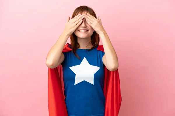 Super Hero Redhead Girl Isolated Pink Background Covering Eyes Hands — Foto Stock