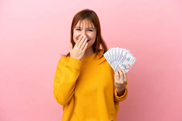 Redhead Girl Taking Lot Money Isolated Pink Background Happy Smiling — Stock fotografie