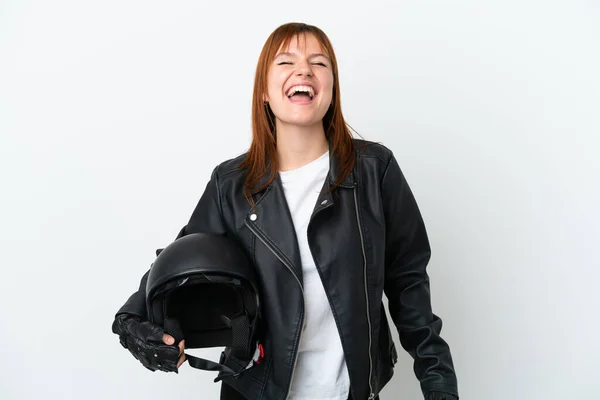 Roodharige Meisje Met Een Motorfiets Helm Geïsoleerd Witte Achtergrond Lachen — Stockfoto