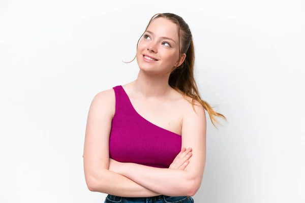 Young Caucasian Girl Isolated White Background Looking While Smiling — Fotografia de Stock