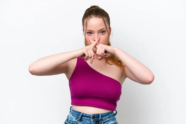 Young Caucasian Girl Isolated White Background Showing Sign Silence Gesture — 스톡 사진