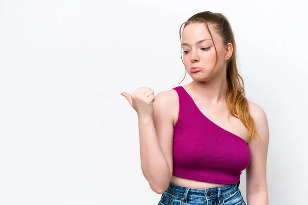 Young Caucasian Girl Isolated White Background Unhappy Pointing Side — Foto de Stock