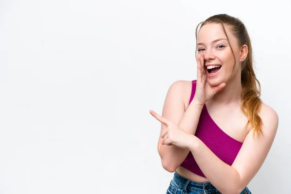 Young Caucasian Girl Isolated White Background Pointing Side Present Product — Stok fotoğraf