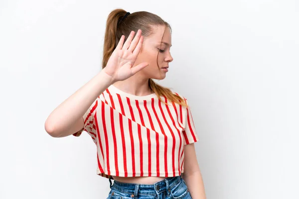 Young Caucasian Girl Isolated White Background Making Stop Gesture Disappointed — Foto de Stock