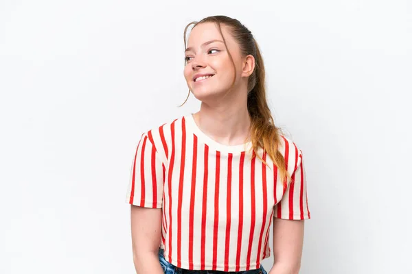 Young Caucasian Girl Isolated White Background Looking Side Smiling — Stock Photo, Image