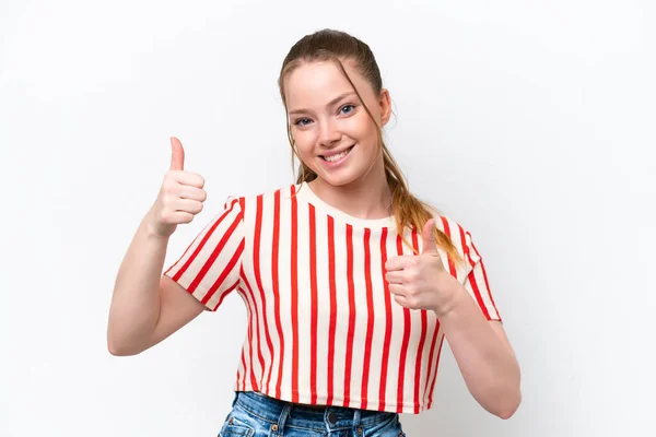 Young Caucasian Girl Isolated White Background Giving Thumbs Gesture — Stockfoto