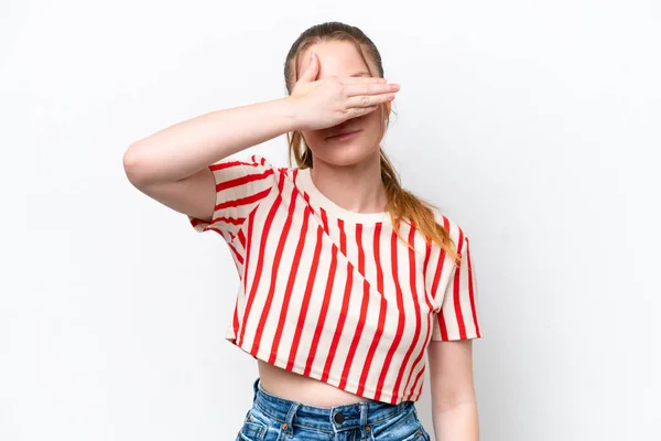 Young Caucasian Girl Isolated White Background Covering Eyes Hands Want — Foto Stock