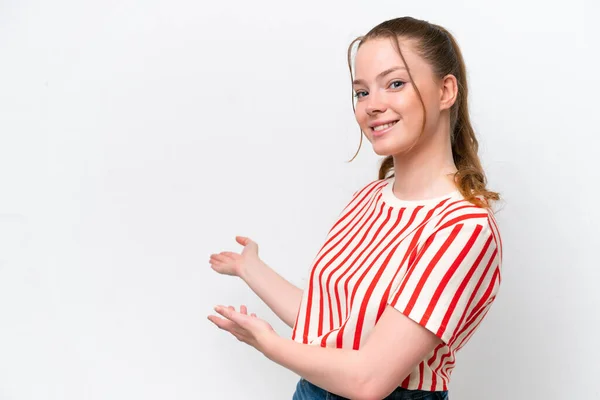 Young Caucasian Girl Isolated White Background Extending Hands Side Inviting — 스톡 사진