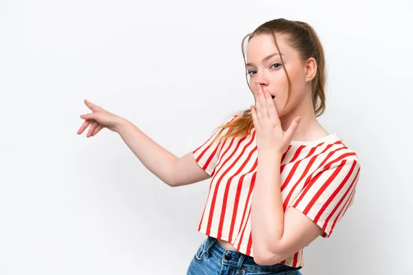 Young Caucasian Girl Isolated White Background Surprise Expression While Pointing — Foto de Stock