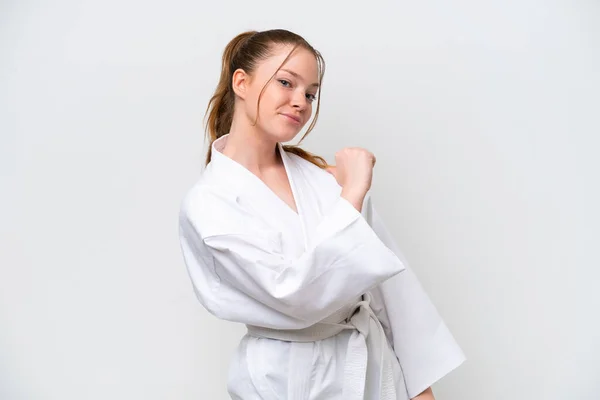 Young Caucasian Girl Doing Karate Isolated White Background Proud Self — Foto de Stock
