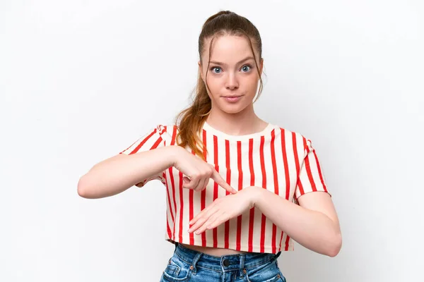 Young Caucasian Girl Isolated White Background Making Gesture Being Late — Stock Photo, Image