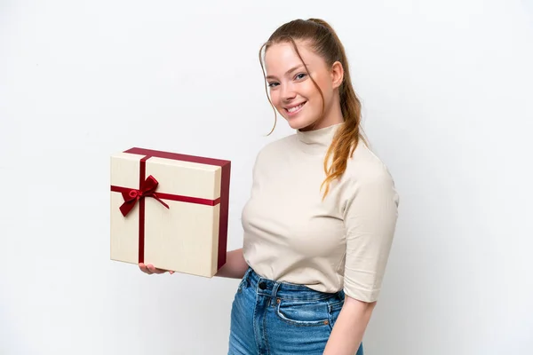 Young Caucasian Woman Holding Gift Isolated White Background Smiling Lot — 스톡 사진