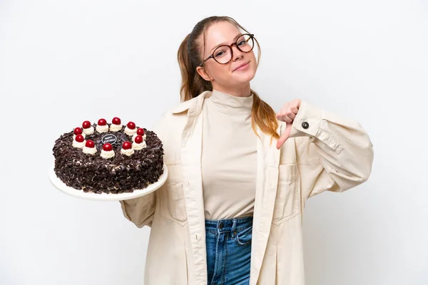 Young Caucasian Woman Holding Birthday Cake Isolated White Background Proud — Zdjęcie stockowe