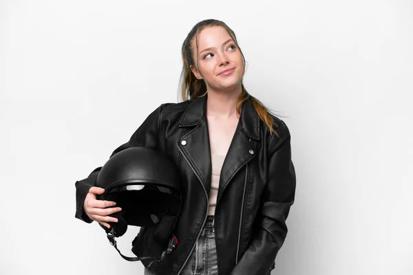 Young Caucasian Girl Motorcycle Helmet Isolated White Background Looking — Stockfoto