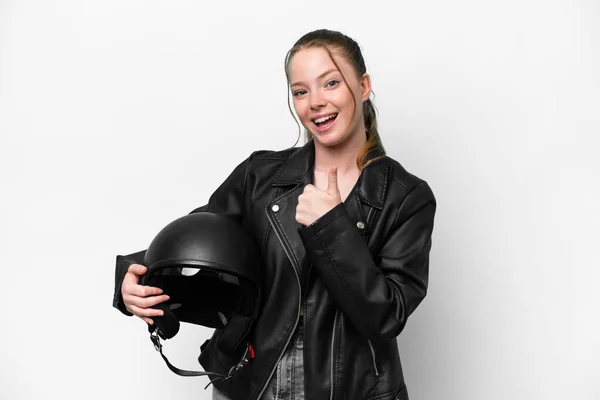 Young Caucasian Girl Motorcycle Helmet Isolated White Background Giving Thumbs — Stock Photo, Image