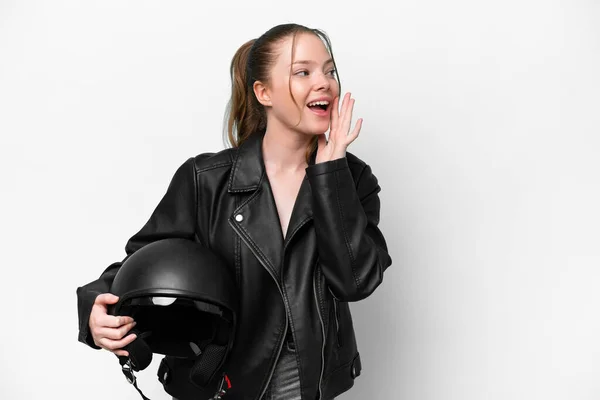 Young Caucasian Girl Motorcycle Helmet Isolated White Background Shouting Mouth — Photo