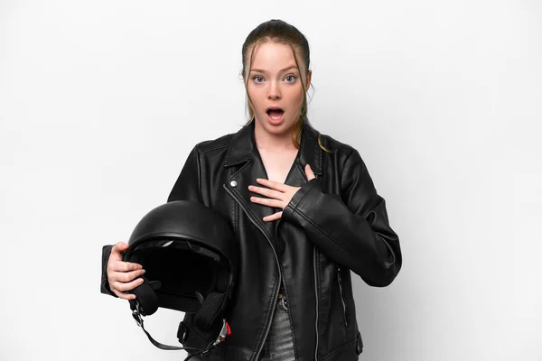 Young Caucasian Girl Motorcycle Helmet Isolated White Background Surprised Shocked — Zdjęcie stockowe