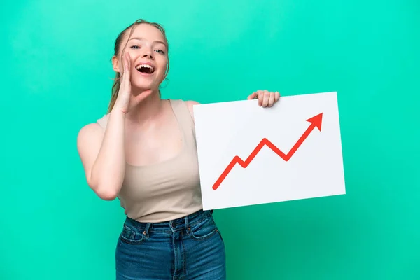 Young Caucasian Woman Isolated Green Background Holding Sign Growing Statistics — Stock fotografie