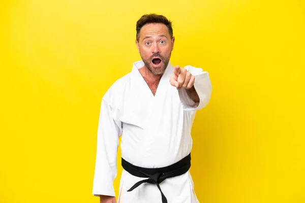 Middle Age Caucasian Man Doing Karate Isolated Yellow Background Surprised — Foto de Stock