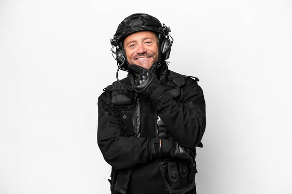 Middle Age Swat Man Isolated White Background Smiling — Stockfoto