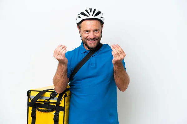 Middle Age Caucasian Man Thermal Backpack Isolated White Background Making — ストック写真