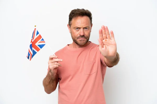 Middle Age Caucasian Man Holding English Flag Isolated White Background — Fotografia de Stock