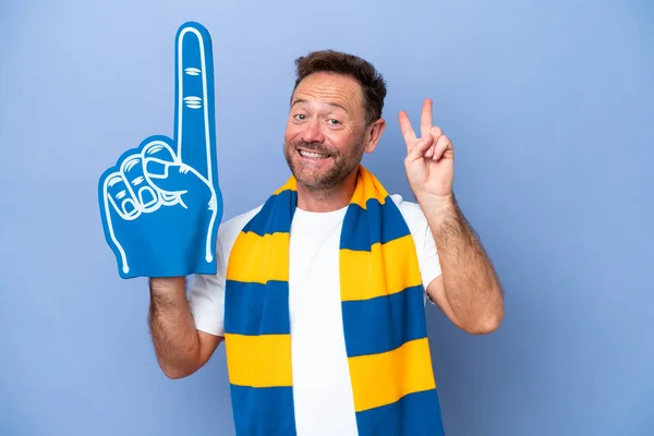 Middle Age Caucasian Sports Fan Man Isolated Blue Background Smiling — Foto Stock