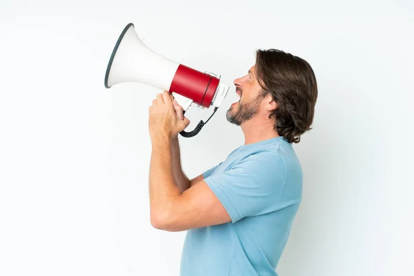 Senior Dutch Man Isolated White Background Shouting Megaphone Announce Something — Stock Photo, Image