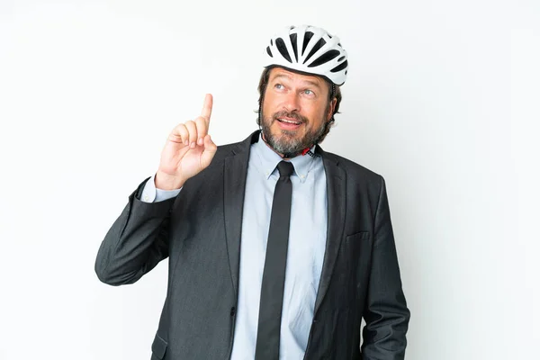 Homem Sênior Negócios Com Capacete Bicicleta Isolado Fundo Branco Pensando — Fotografia de Stock
