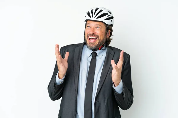 Homem Sênior Negócios Com Capacete Bicicleta Isolado Fundo Branco Com — Fotografia de Stock